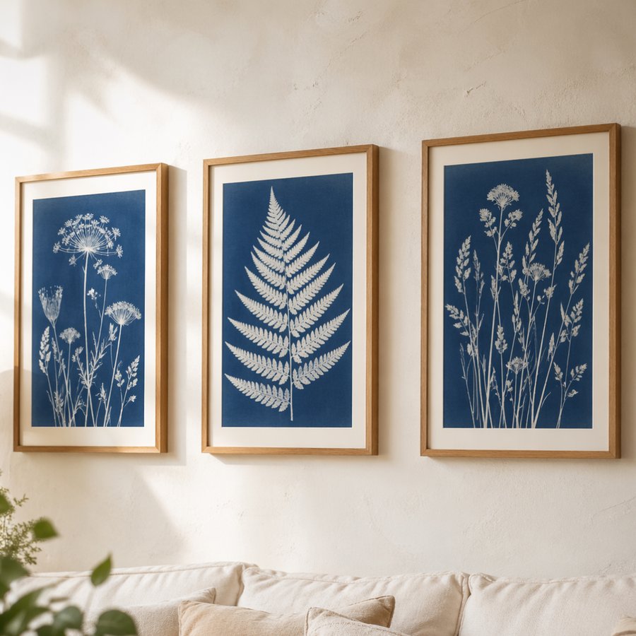 Three framed Prussian blue cyanotype botanical prints on a cream wall