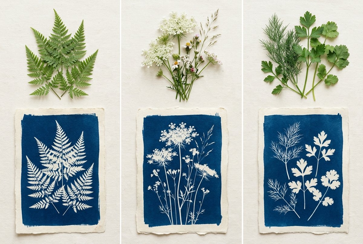 Three pairs showing raw green botanicals above their finished Prussian blue cyanotype prints